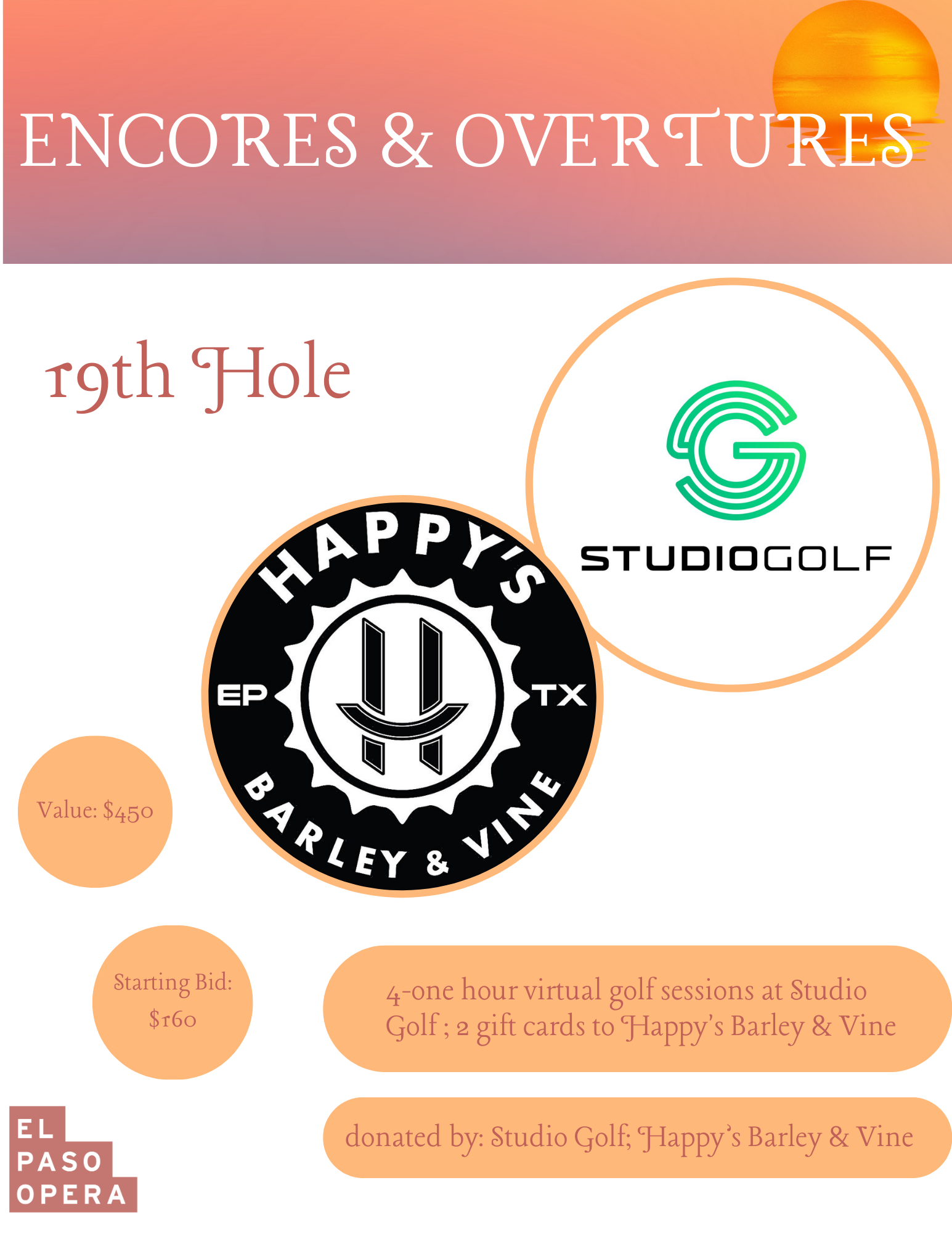 4-1 hour virtual golf sessions; 2 gift cards to Happy's Barley & Vine Bar