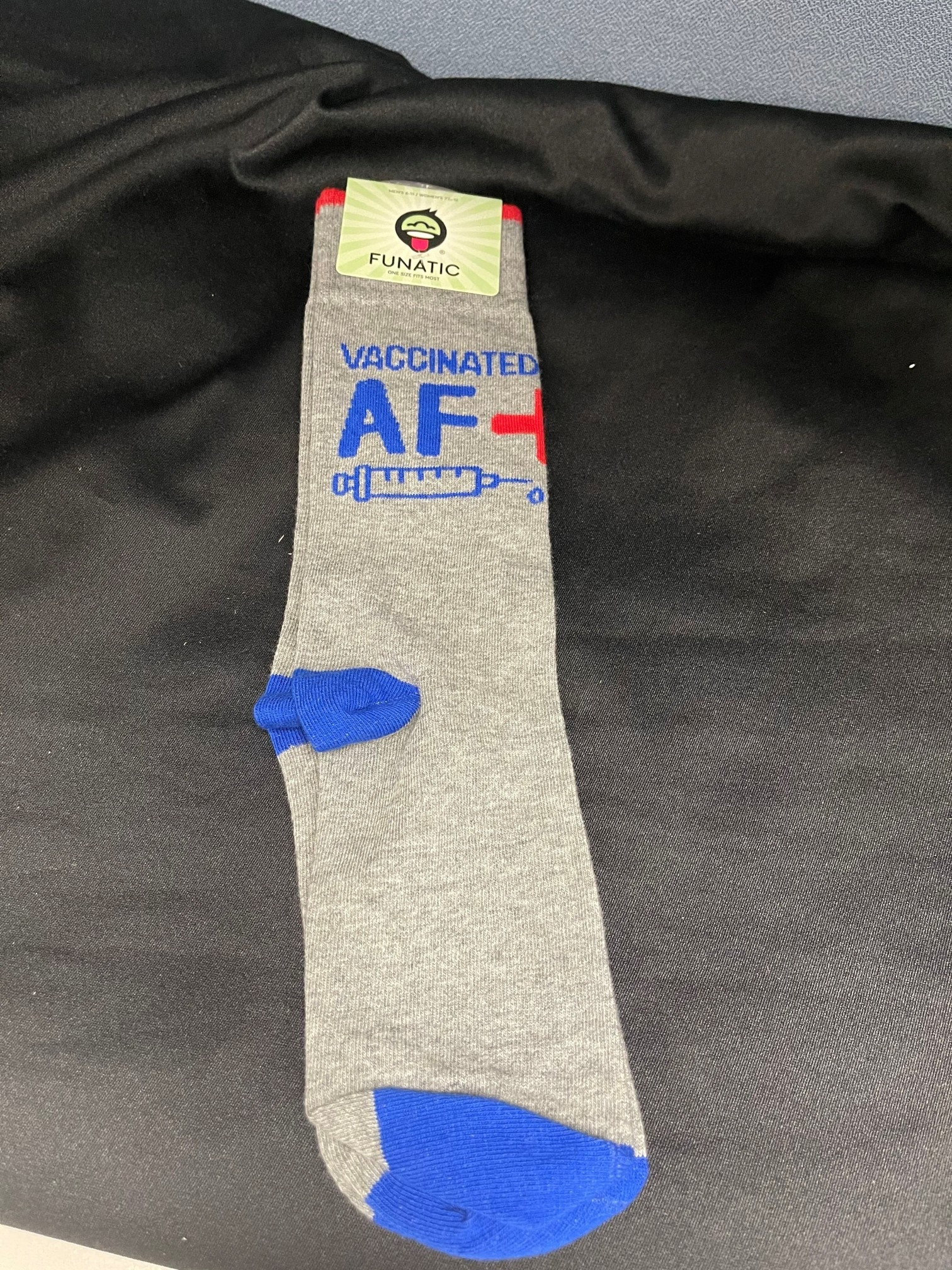 Funatic Socks - "Vaccinated AF" - Gray with red and blue trim - One Size Fits All