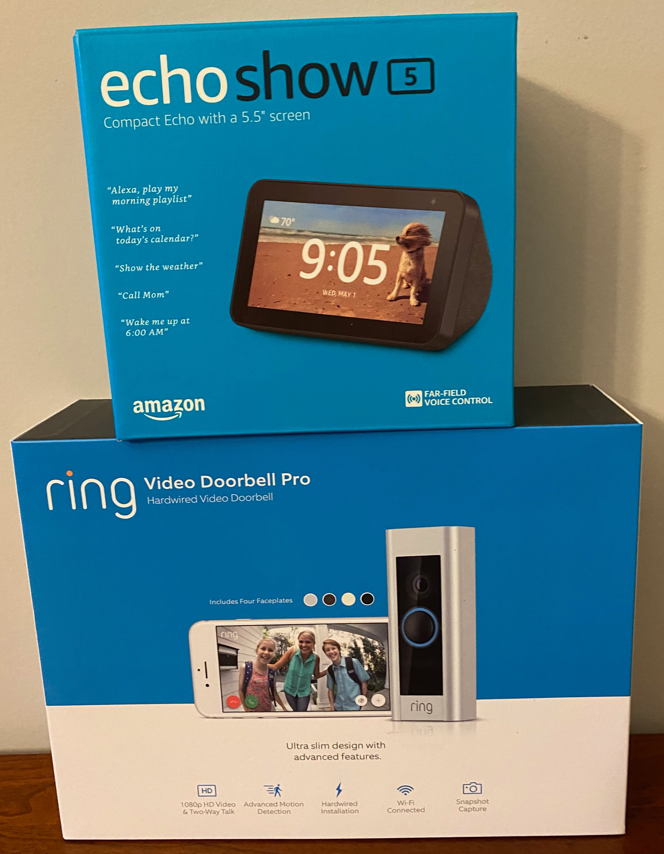 The popular Ring Video Doorbell Pro.  This also includes an Echo Show 5 which connects to Alexa with vivid visuals.