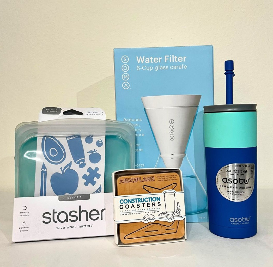 Water Filter (6-cup glass carafe), Stainless Steel Water Bottle with Flexible Straw, Construction Coasters & a set of 2 Reusable Sandwich Bags