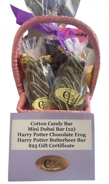 $25 Gift Certificate, Cotton Candy Bar, Mini Dubai Bar (2), Harry Potter Chocolate Frog, Harry Potter Butterbeer Bar