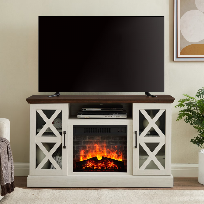 Upgrade your living space with this stylish farmhouse TV stand, featuring a cozy 400-square-foot electric fireplace with independent flames, spacious media storage, and a sturdy design that safely holds TVs up to 55 inches.