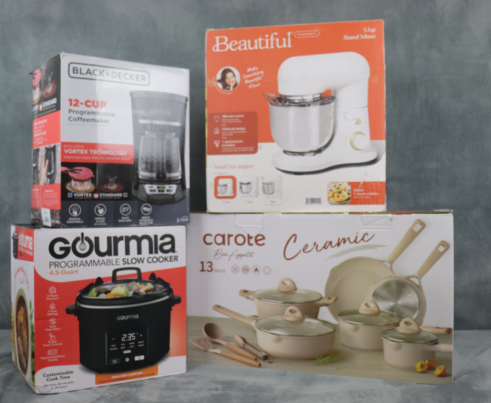 Coffee Maker can brews up to 12 cups using a clear glass carafe with an easy-pour handle.
Slow Cooker features one-touch presets, a programmable timer, an automatic warm mode, and a spill-proof locking lid.
Stand Mixer is a compact 300-watt mixer that has 12 speed settings, a tilt-head design, and a 3.5-quart bowl for everyday baking.
Ceramic Pots and Pans is factory-direct non-stick cookware backed by 25 years of industry experience