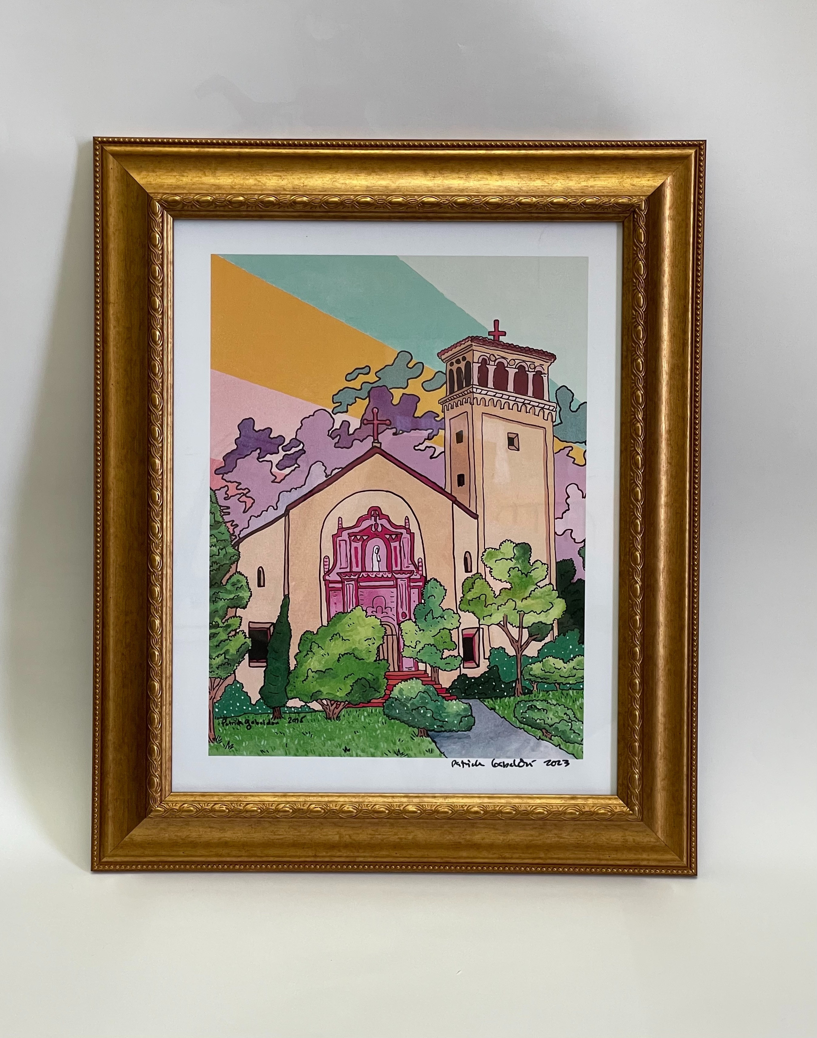 The colorful print by local artist Patrick Gabaldon is something every Loretto Angel should have. This gold frame makes this image of the St. Joseph Chapel come to life.