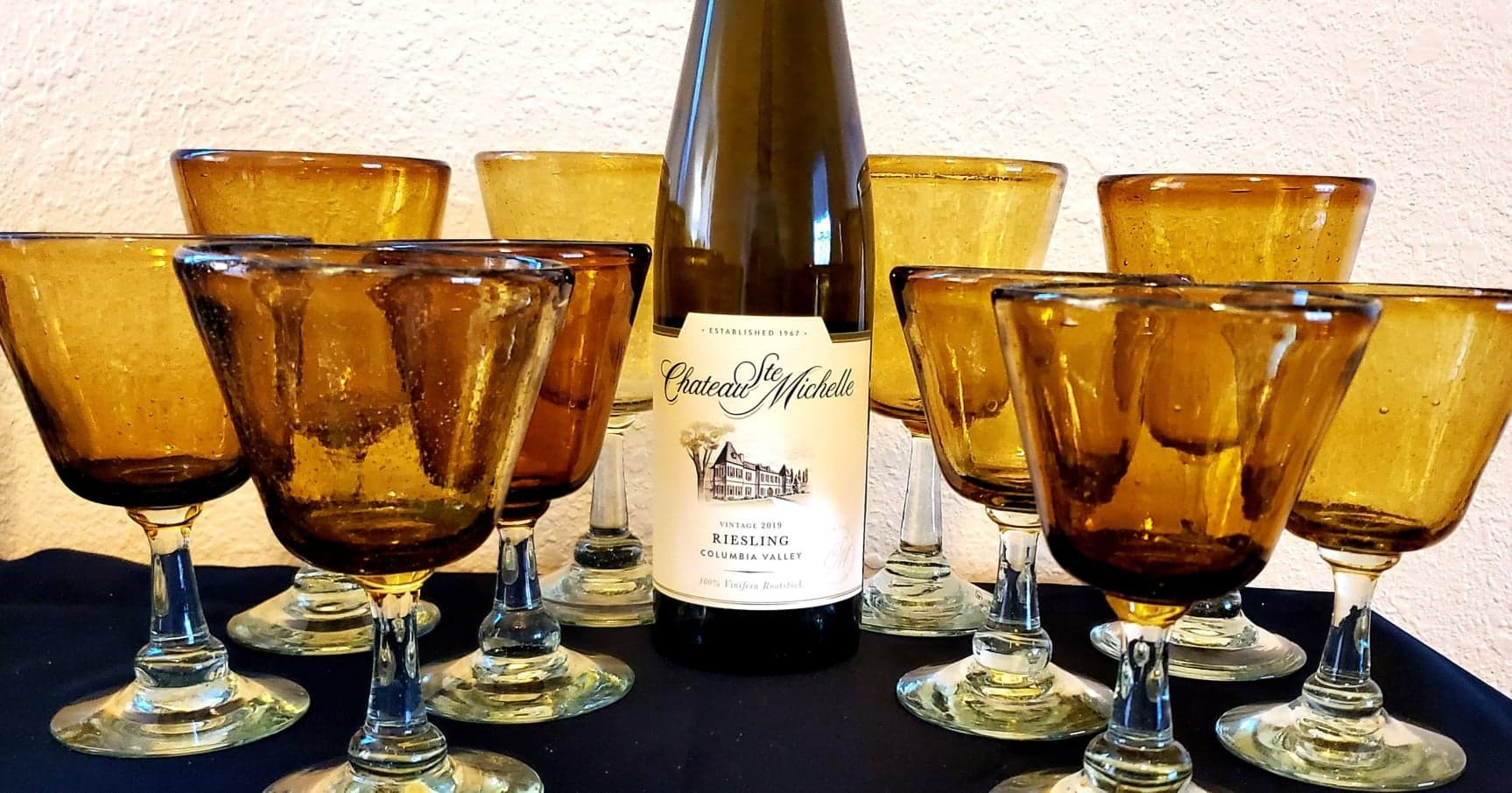 2 sets of vintage yellow wine glasses from Pier-1 Imports and Riesling - Columbia Valley 2019