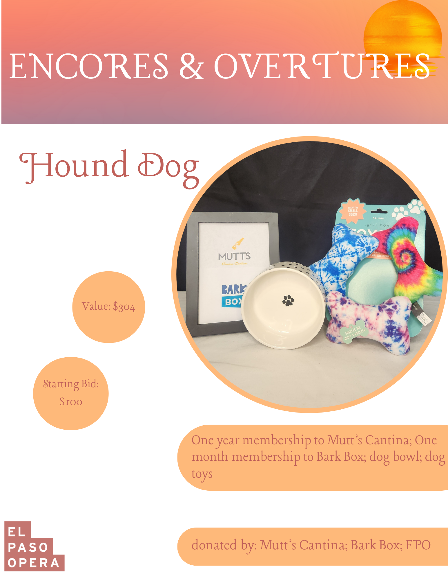 Mutt's Cantina 1 year membership; Bark Box 1 month membership; dog bowl; dog toys