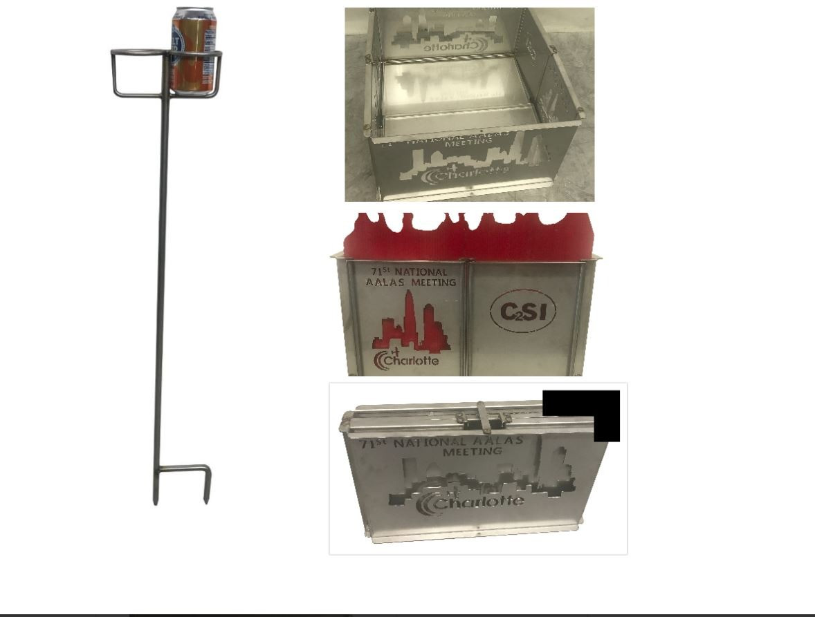 Stainless Steel  Collapsible Fire Pit with AALAS Logo and 2020 National Meeting logo PLUS a set of Stainless Steel Beverage Holders. Items will be shipped directly to winning bidder.