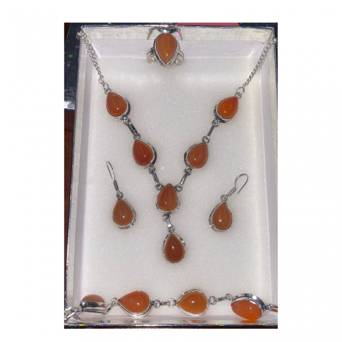 Orange Jade earrings, necklace, ring, and bracelet