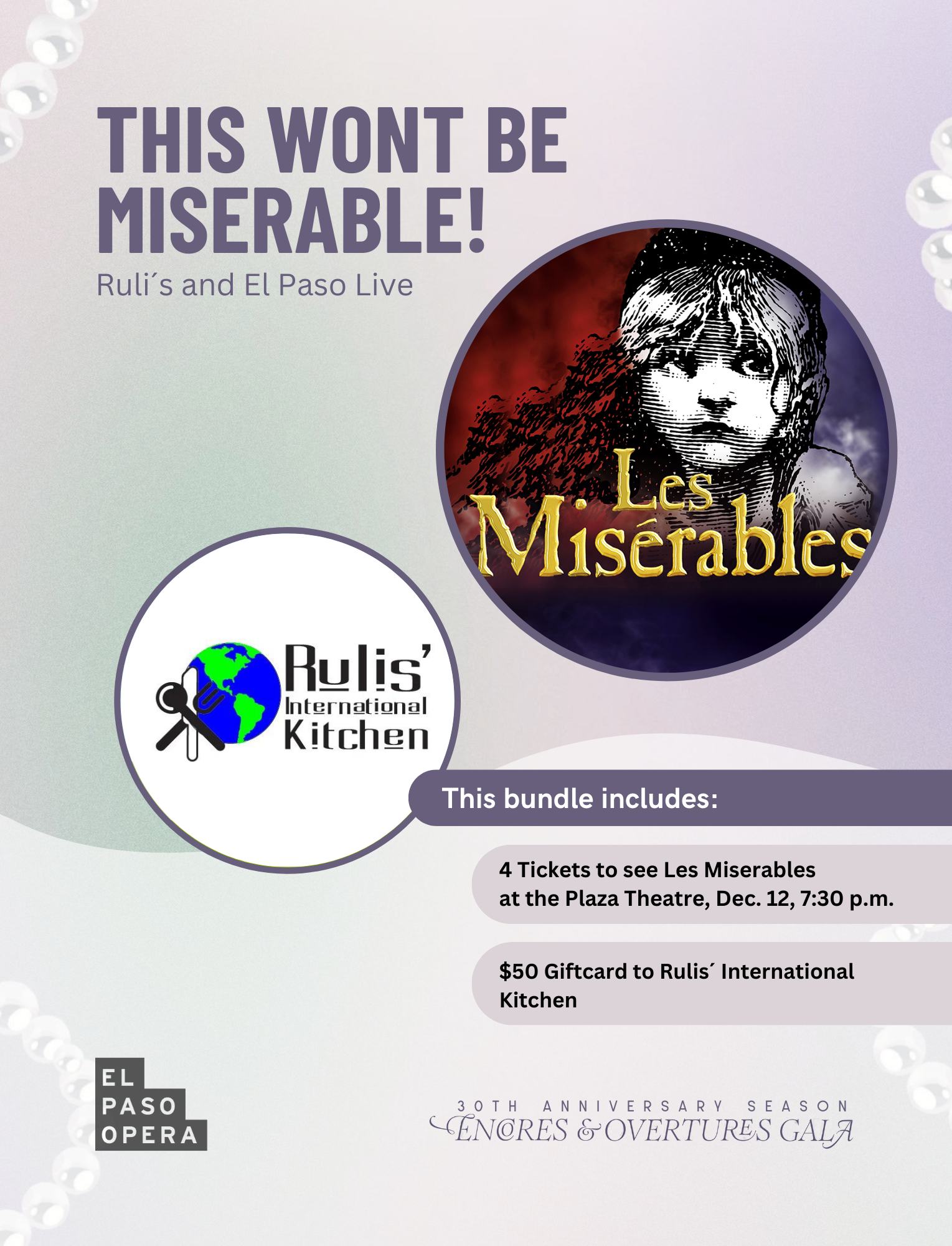 $50 to Ruli's International Kitchen and 4 tickets to see Les Miserables at the Plaza Theatre (Tuesday, December 12)