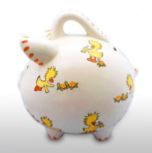 Quack Quack Quack as you waddle all the way home with Just Ducky piggy bank. Bright yellow, happy ducks cover this beautiful, hand-crafted piggy bank.