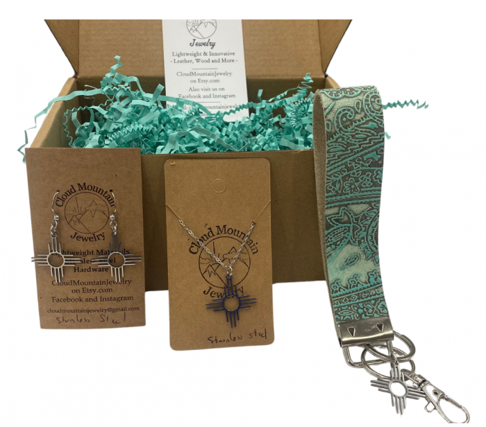 Zia necklace and earrings, and key charm