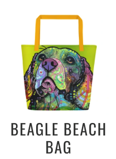 Beagle Beach Bag 100% polyester fabric. Maximum weight limit - 44 lbs. Large inside pocket. Comfortable cotton webbing handles. Vibrant colors that will not fade.