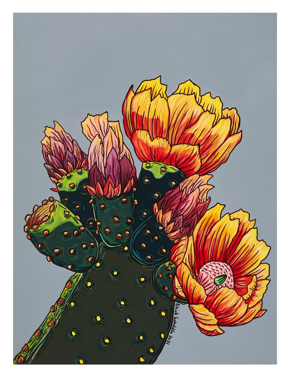 3ft x 4ft acrylic on canvas. Blooming prickly pear on cool grey background