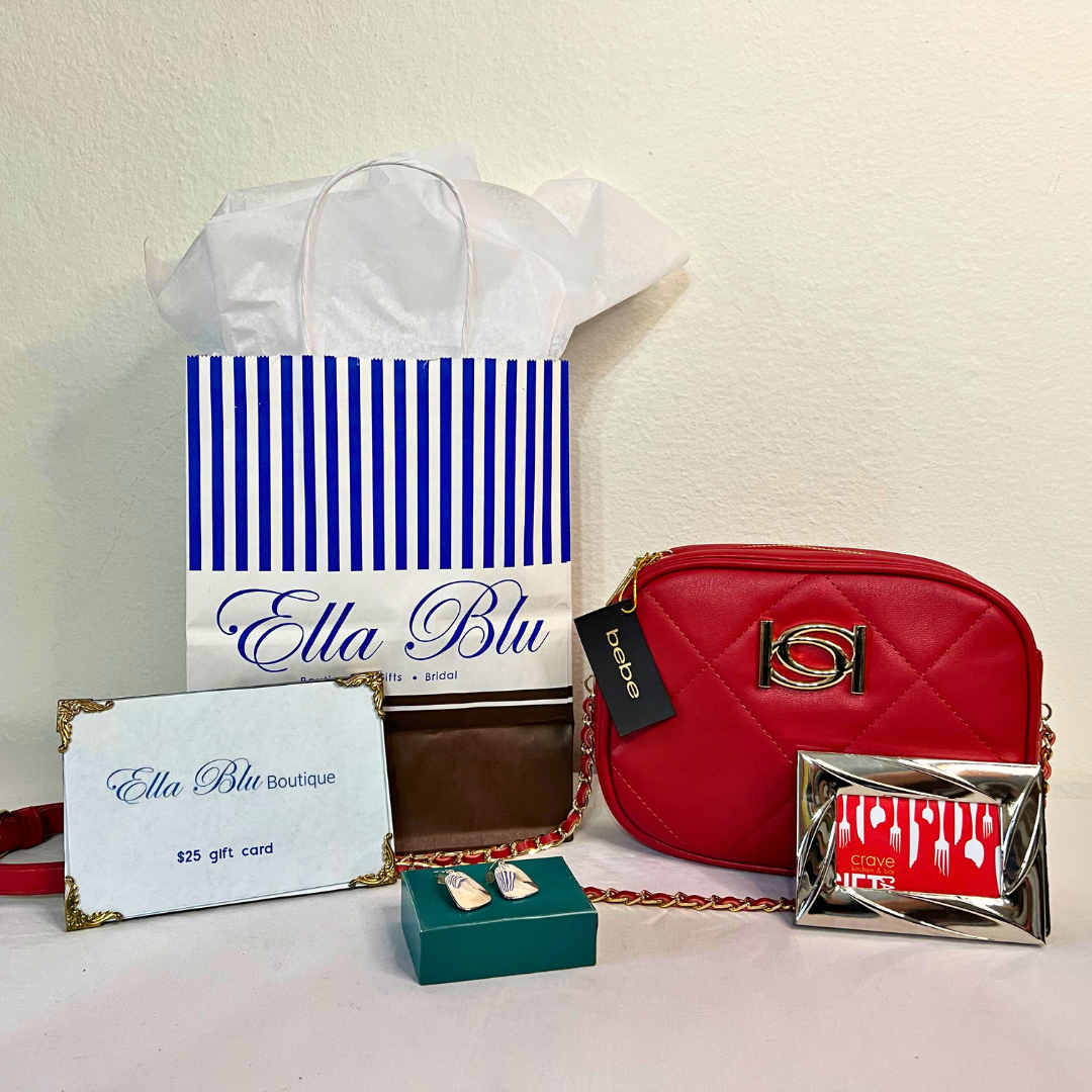 $25 Gift card to Ella Blu; Bebe Purse; Silver earrings; $25 Gift card to Crave