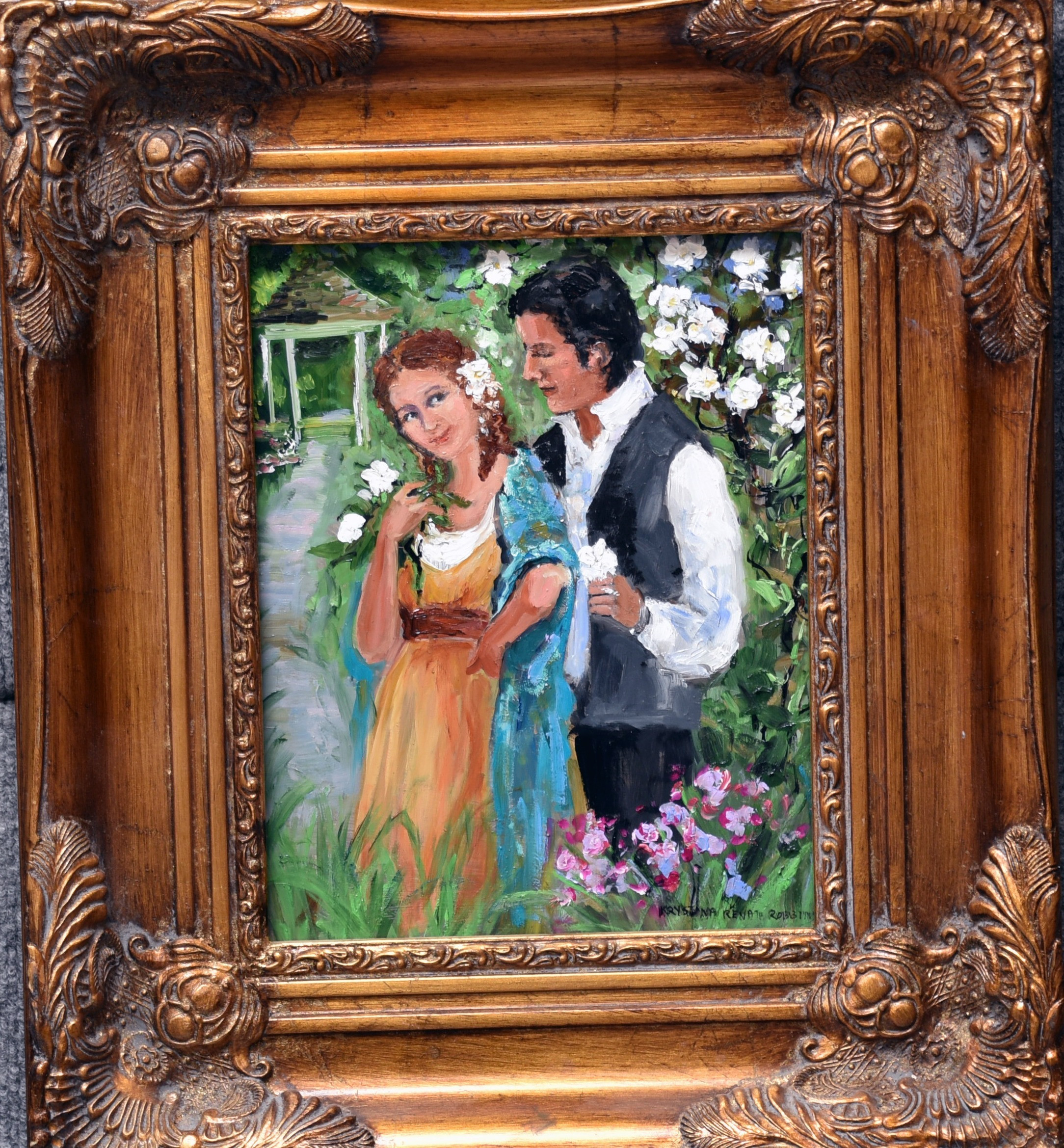 Framed original artwork by Krystyna Robbins inspired by Violeta and Alfredo from "La Traviata"; a portion of the proceeds of this sale will support the Soldier Art Workshops nonprofit