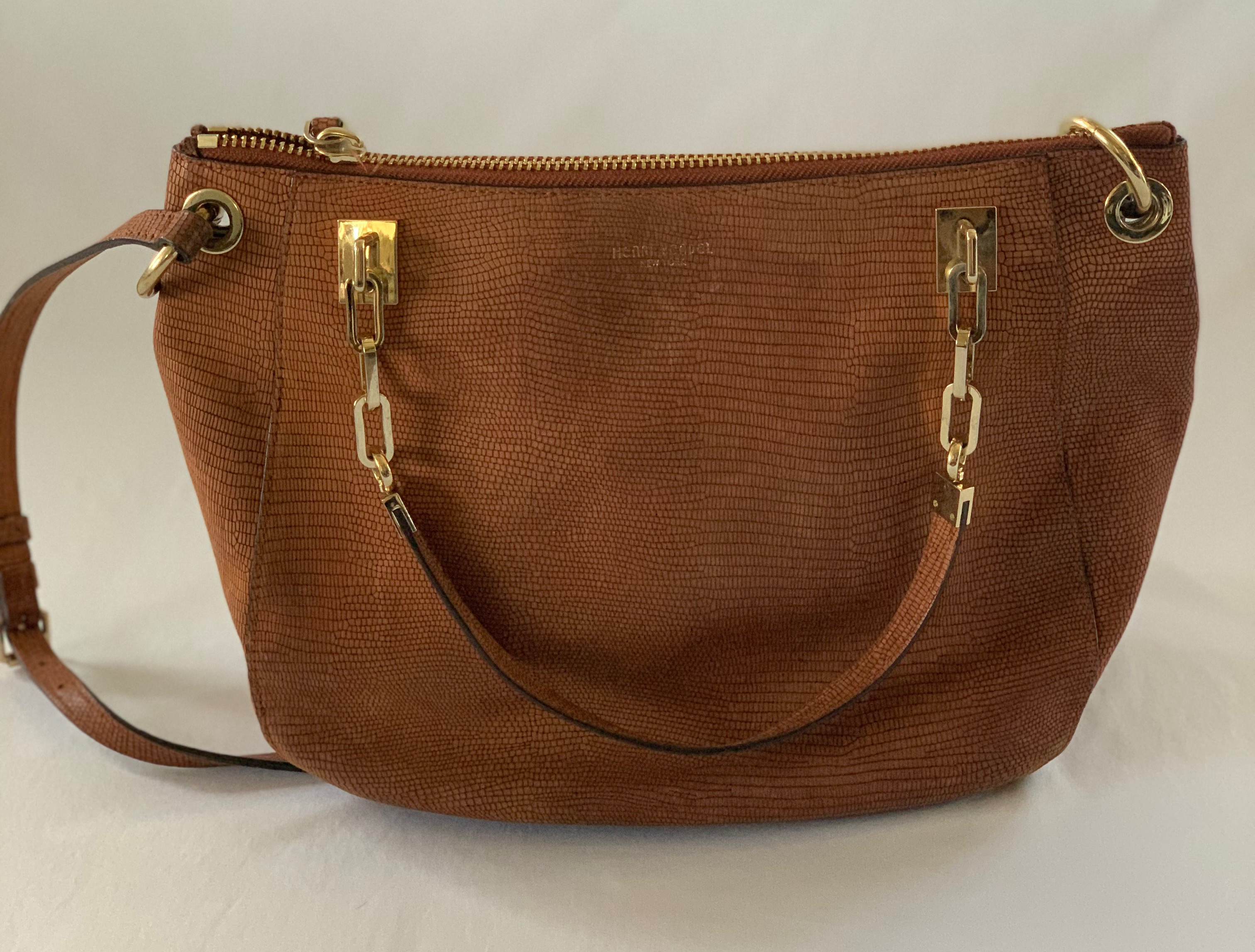 Brown reptile print leather handbag with shoulder strap. Interior has some staining and exterior some scratches. Zipper needs conditioning, gets stuck.