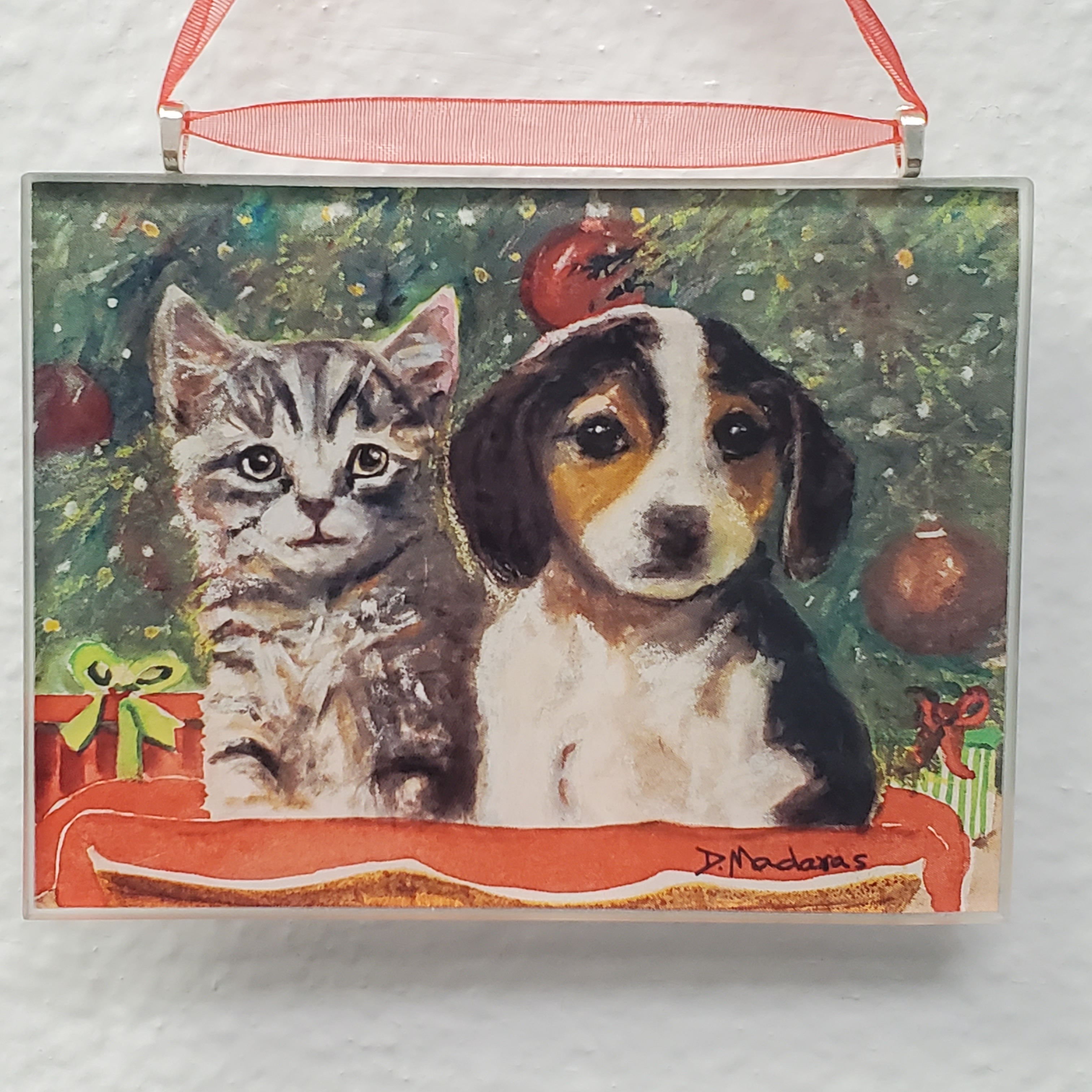 Glass Ornament #4 from Madaras Gallery in Tucson, AZ - Kitten and Puppy sitting in front of Christmas Tree - 3" x 4"