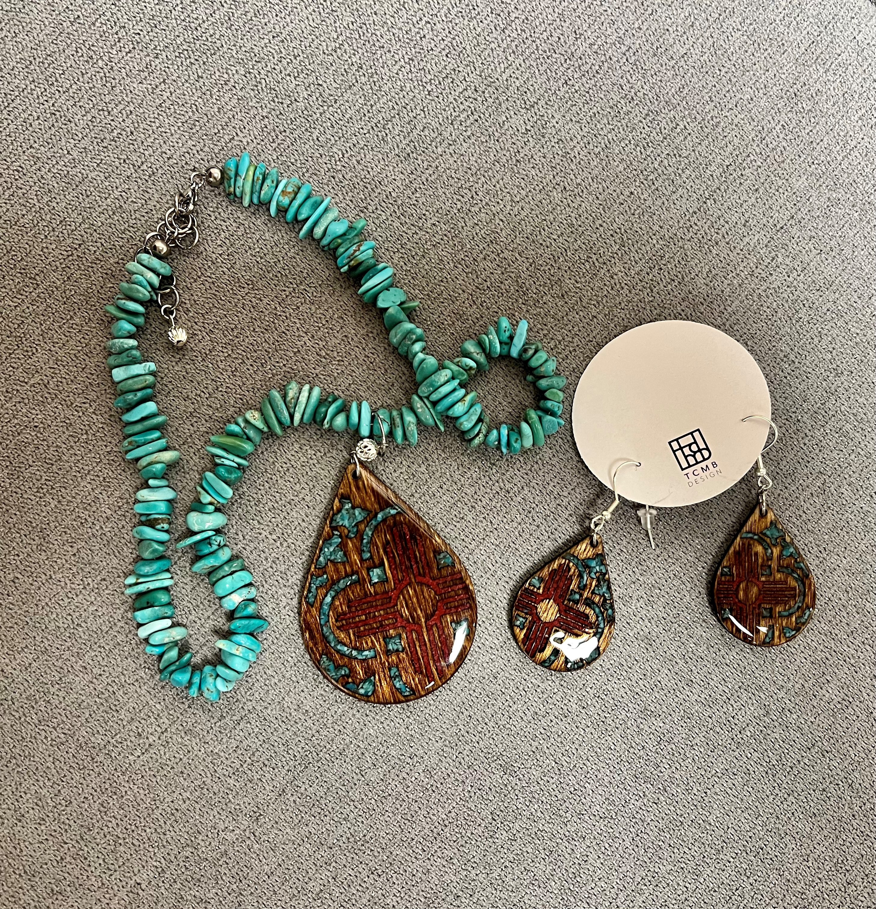 TCMB Earrings and Necklace-Zia jewelry set (necklace and earrings) made from birchwood and inlaid with Kingman turquoise and red opal, hung on a strand of Kingman turquoise beads, stainless steel metal