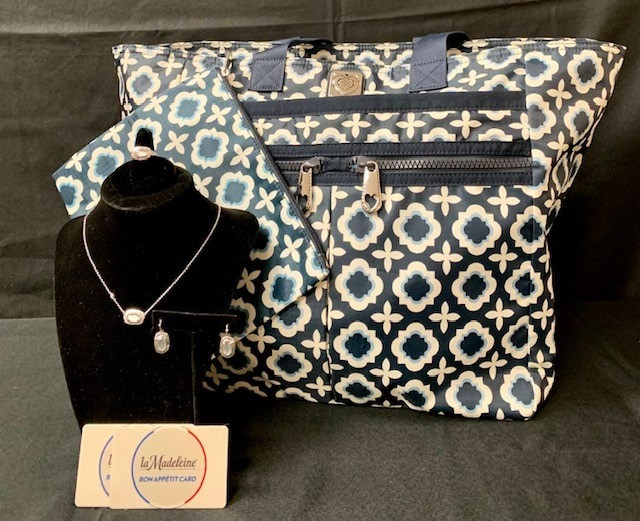 Package includes weekend Brighton tote with Kendra Scott Anna necklace earrings and ring set, plus $20 gift card to La Madeleine