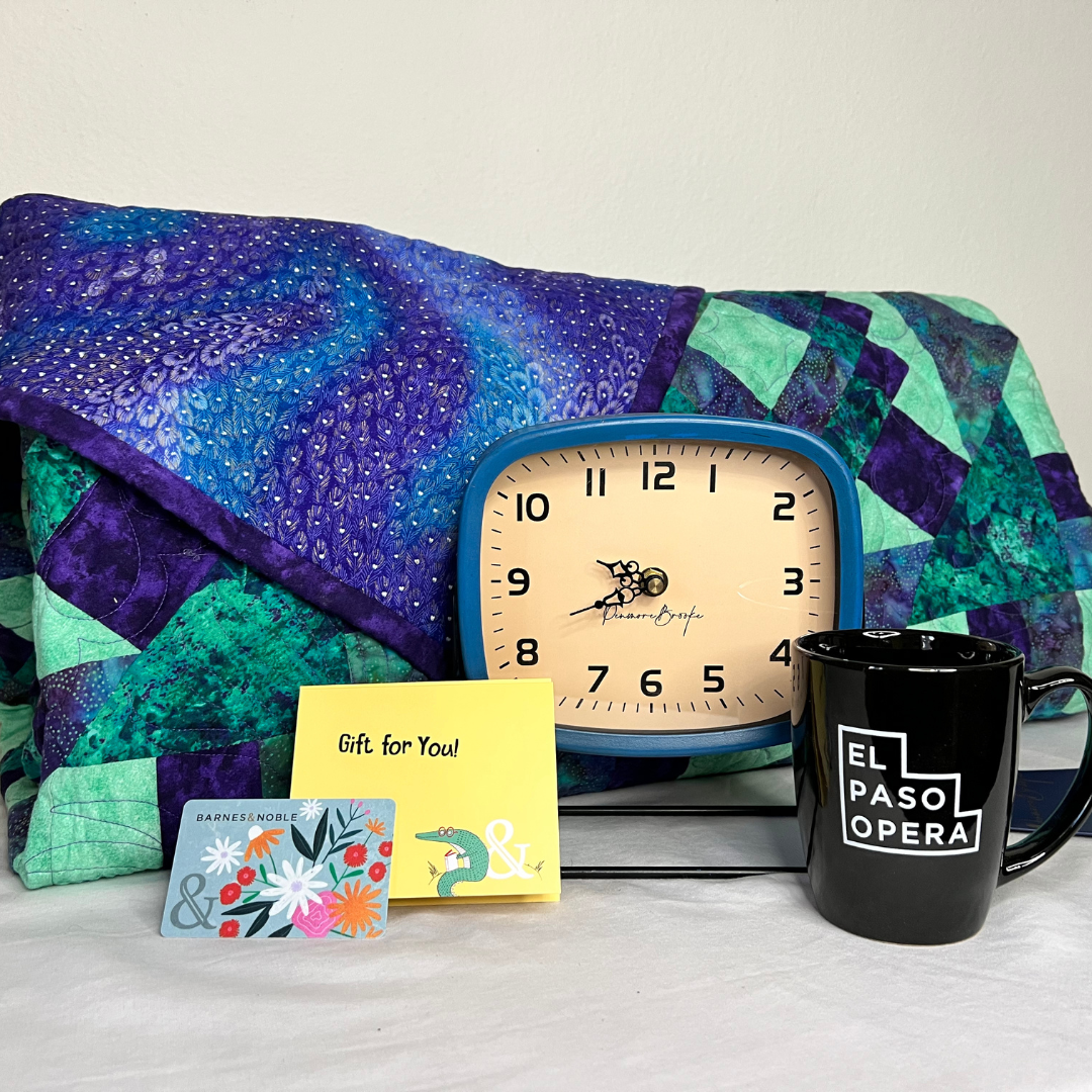 Handmade quilt (double-sided); vintage style clock; $15 Barnes & Noble gift cards, Wooden book coasters, El Paso Opera mug