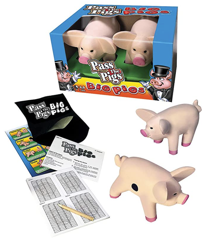 Pass The Pigs: Big Pigs - fun and simple party game for 2 or more players, ages 7+. You roll large foam pigs like a set of diece and each player scores points depending on how the pigs are posed when they land. First player to reach 100 points wins.