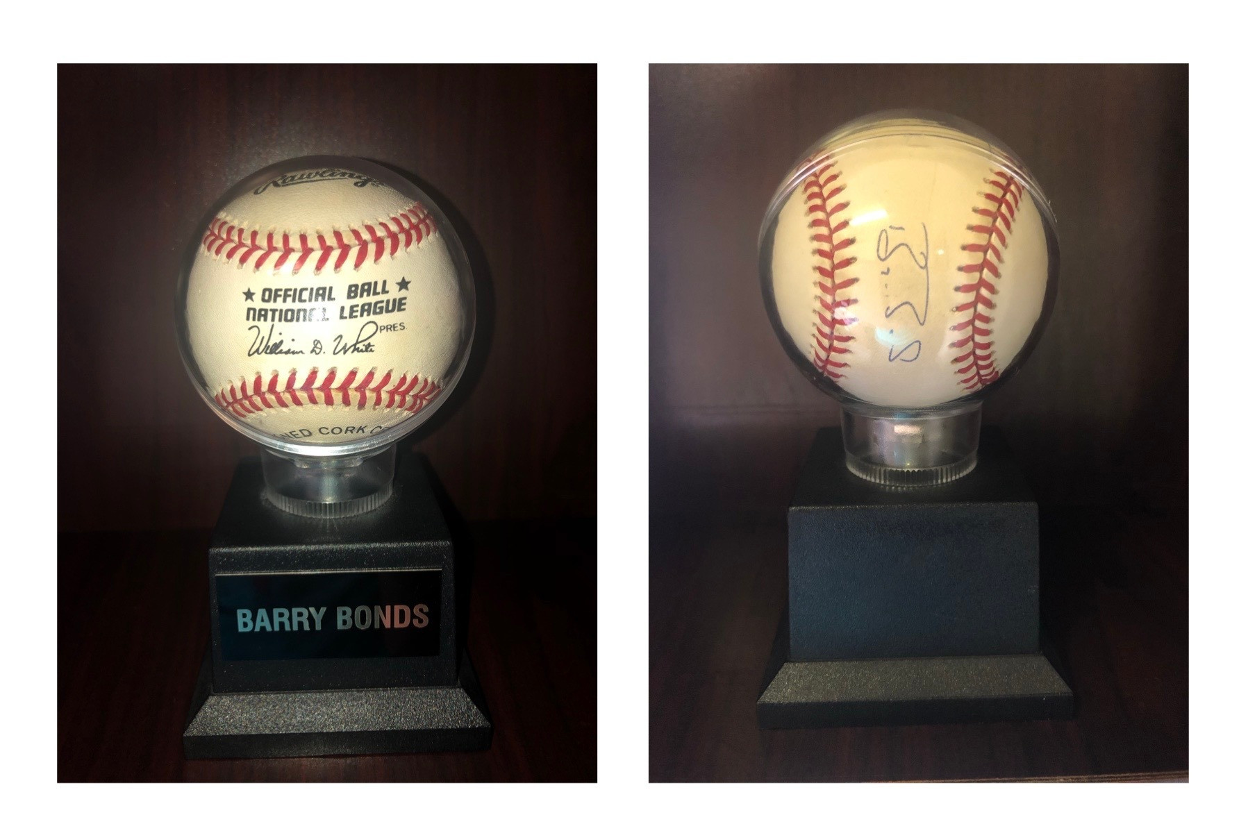 Official Ball of the National League autographed by Barry Bonds. The ball is encased with a stand and engraving that reads, "Barry Bonds."