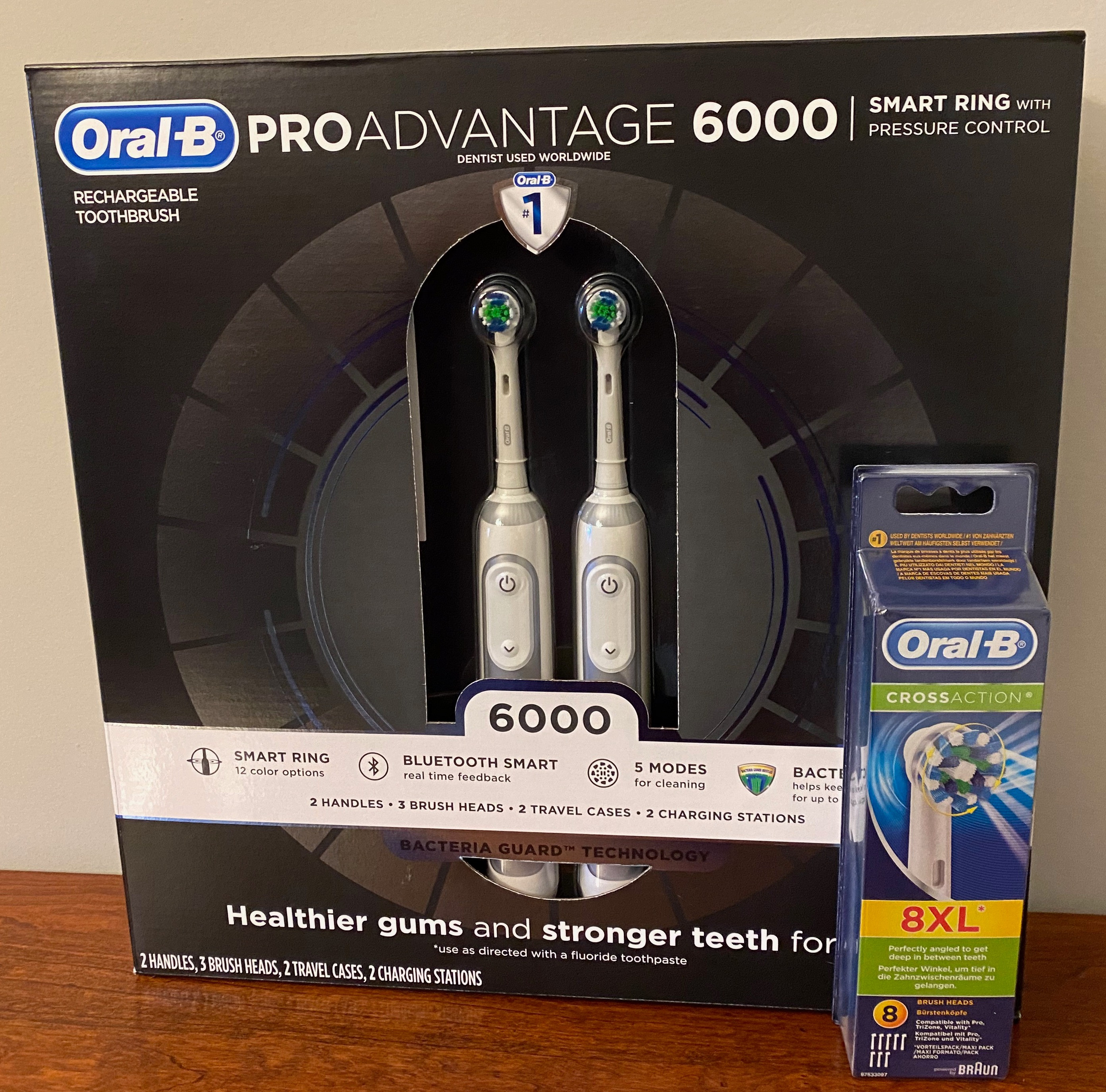 For you and a friend:  2 Oral -B Pro Advantage 6000 electric toothbrushes with 8 replacement heads included.