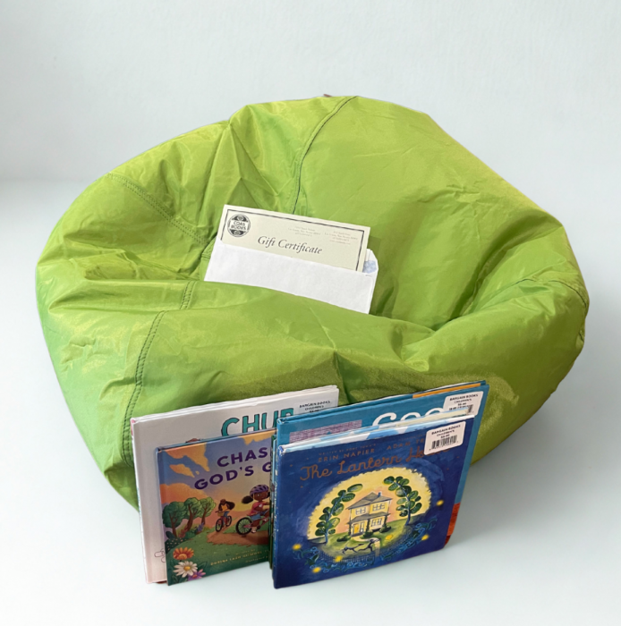 $25 gift card and a Big Joe Beanbag, kids books