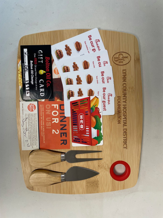 2 Cotton Patch dinners, $20 HEB gift card, Oil change, 4 chick-fil-a gift cards.