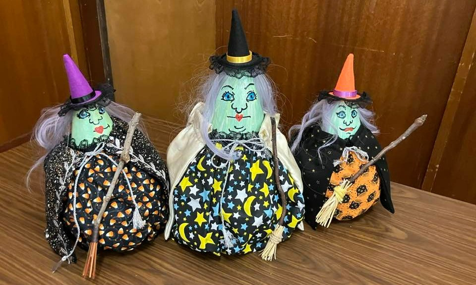 Three witches made from real gourds by Peggy Kirk