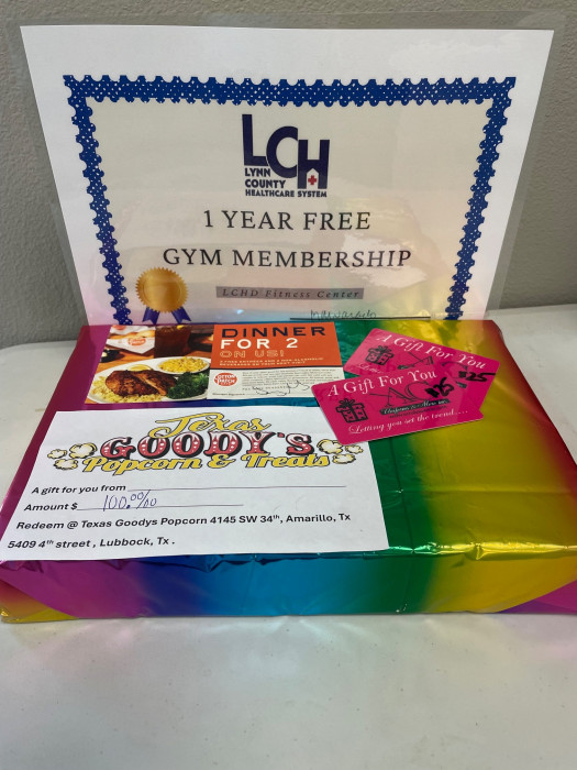 1 year free gym membership, dinner for 2 to Cotton Patch, $100 Goodys Popcorn gift card, 2 $25 gift cards to AC Scrubs