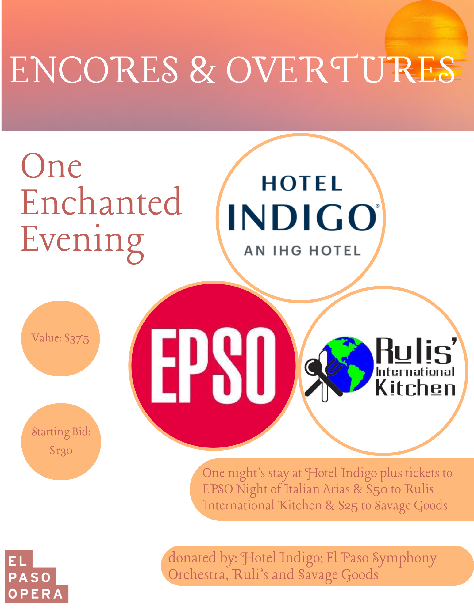 One night stay at Hotel Indigo; 2 tickets to EPSO/EPO concert; $50 GC to Ruli's International Kitchen; $25 GC and glass to Savage Goods