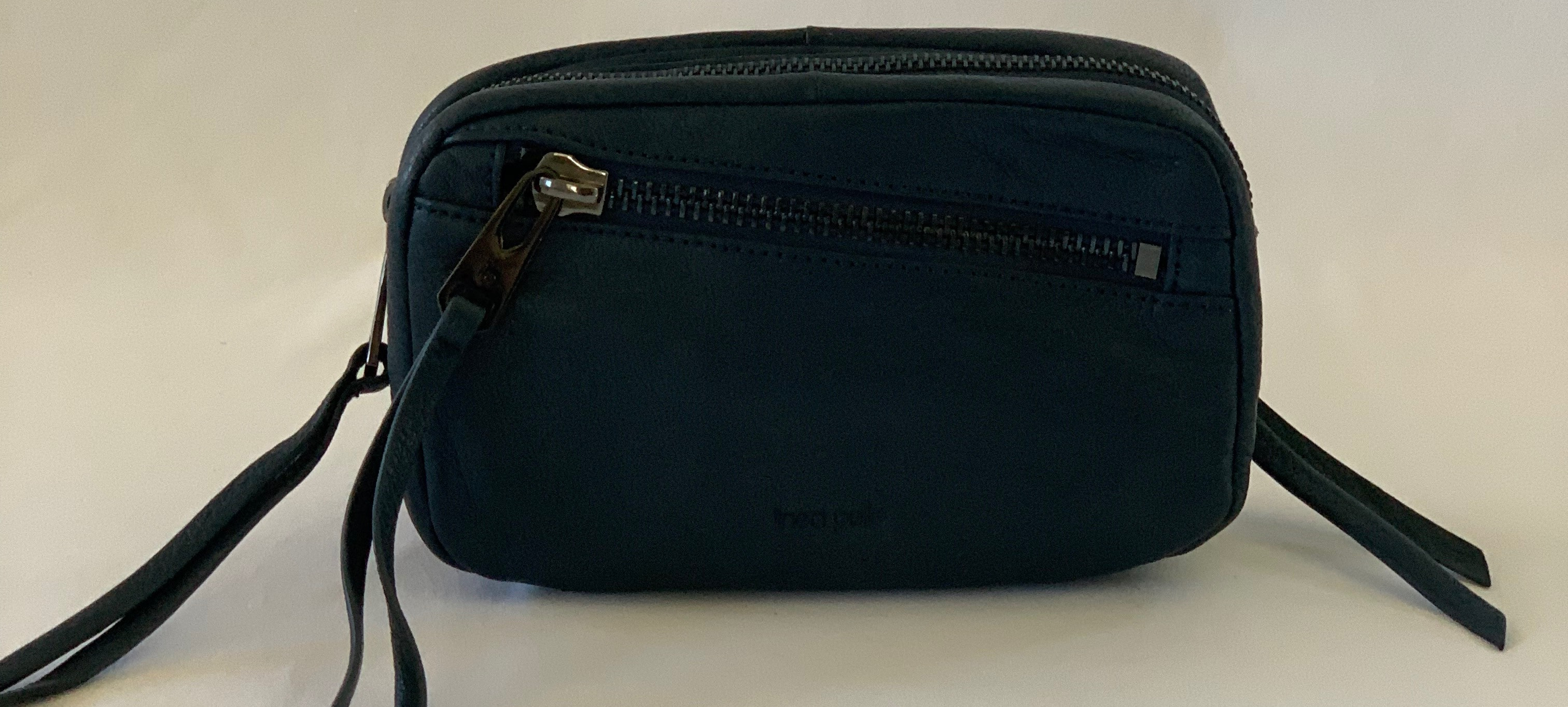 Navy blue leather 3 pocket crossbody/clutch. Crossbody strap is a metal chain. Like new.