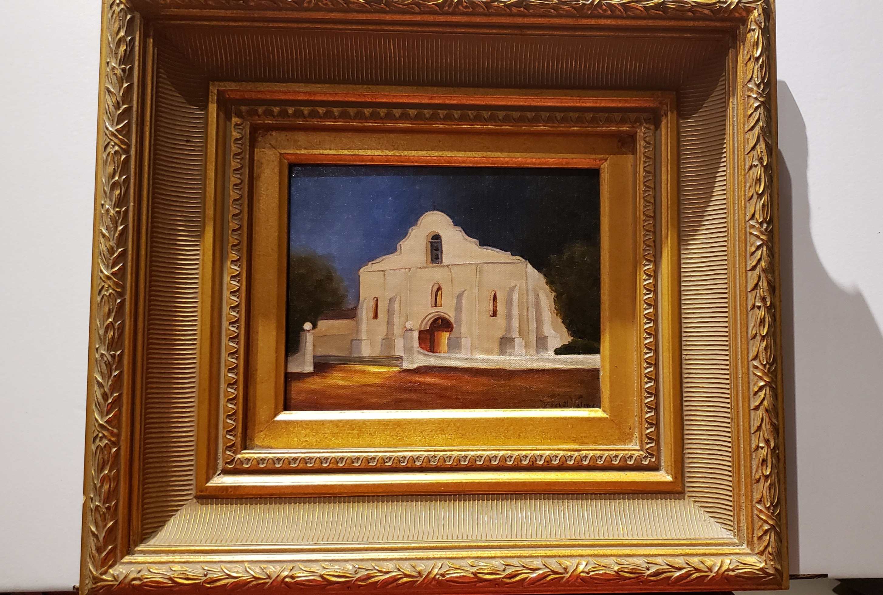 Framed original art Xochitl Valencia.  Acrylic painting of San Elizario Mission on canvas board.  Frame measures 20.5 inches by 18.5 inches.