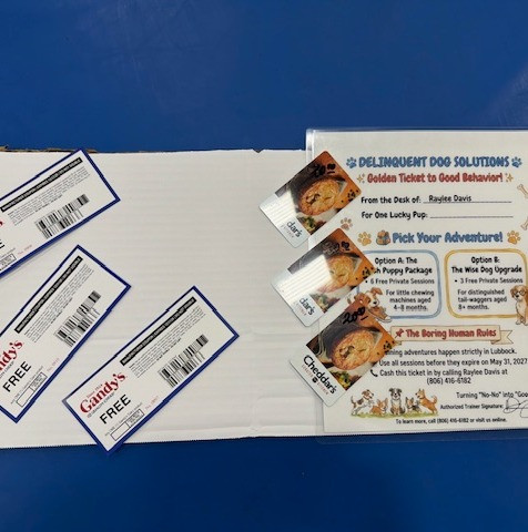Gift certificate for dog trainings, 3 Gandy's gift cards, 3 $20 Cheddar's gift cards