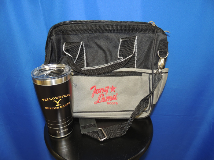 Tony Lama Boots bag with a strap and handles, with a Movie inspired Yellowstone Dutton Ranch themed TERVIS thermos cup