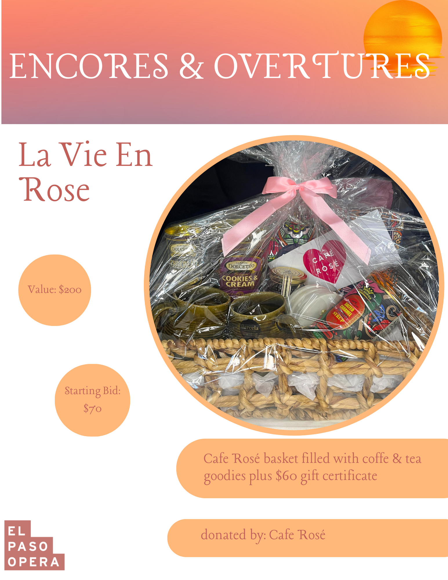 Basket of delicious coffee & tea party goodies; $60 GC to Cafe Rosé