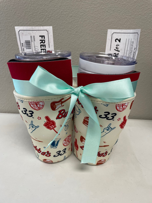 2 bubba cups with coozies, and 2 gifts cards for 2 dinners for 2