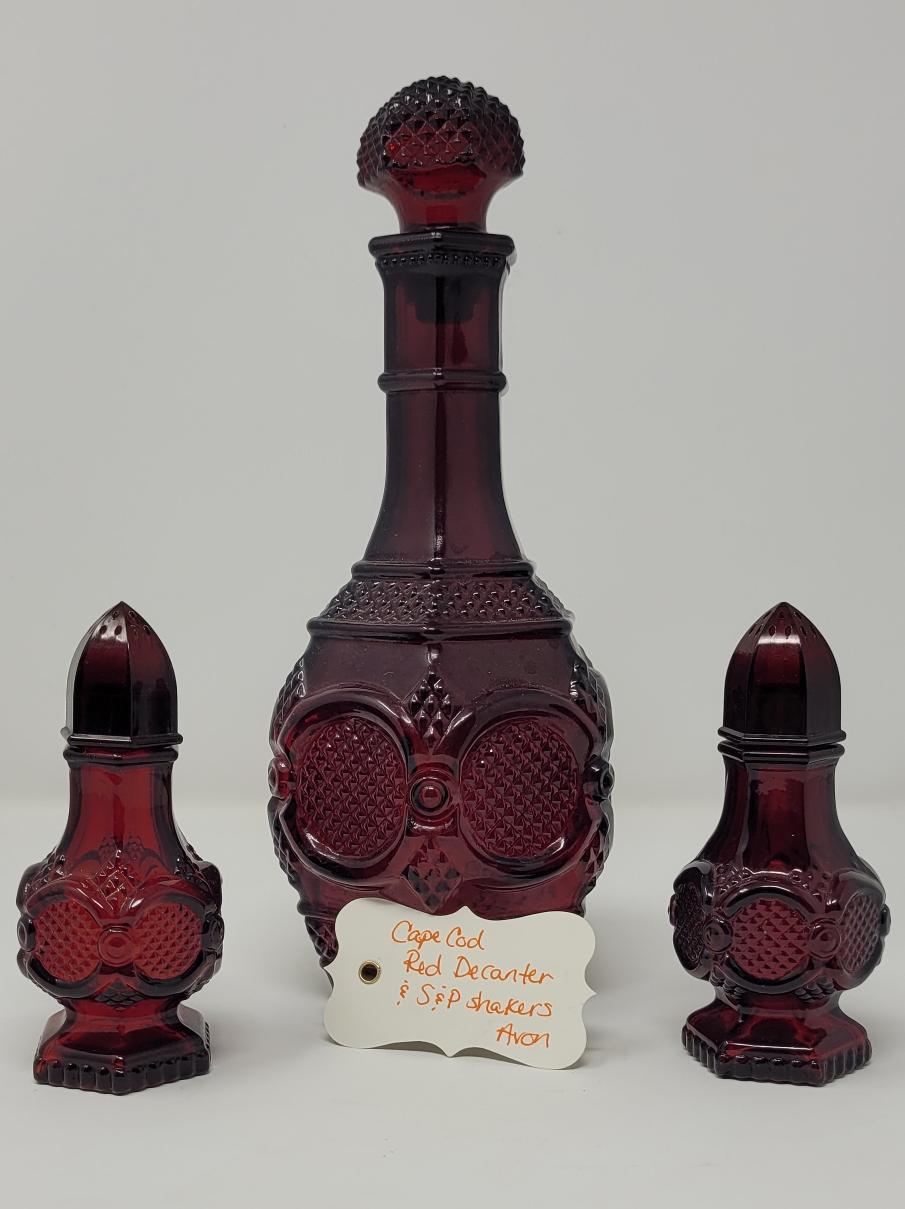 Cape Cod red decanter with salt and pepper shakers- Avon