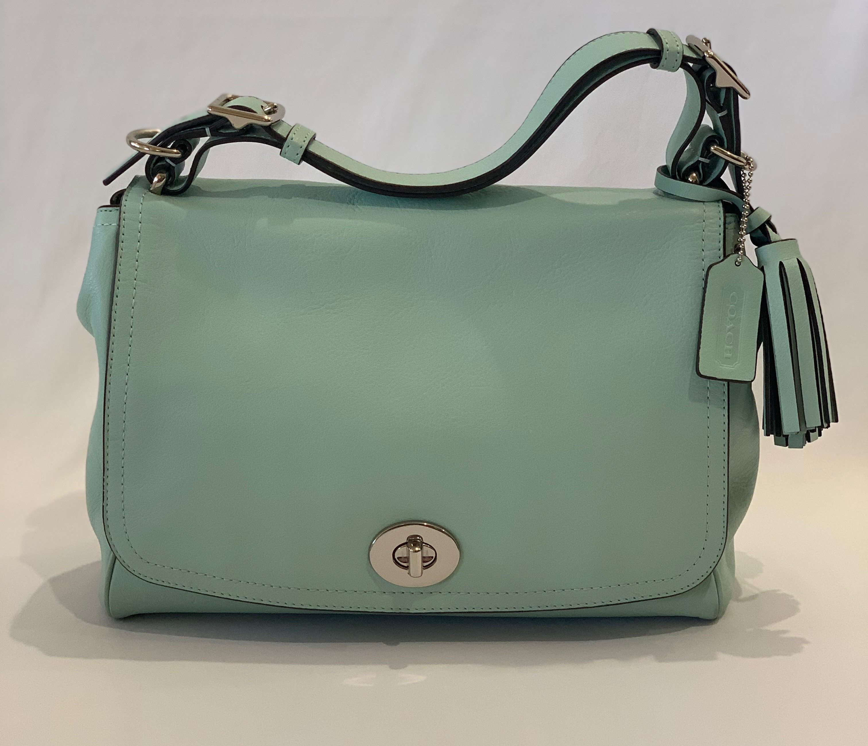 Light turquoise leather medium handbag with shoulder strap included. In great condition.