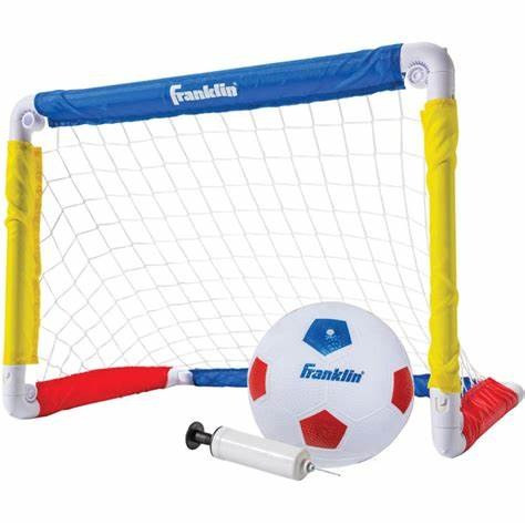 A Franklin soccer goal with a ball and air pump, designed for your little Soccer Star in the making.