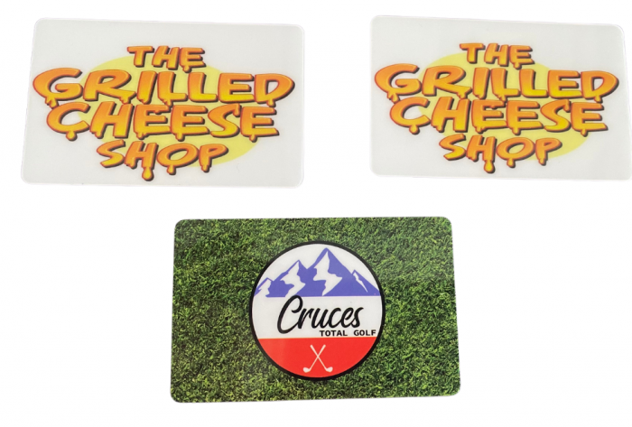 2 $25 gift cards to The Grilled Cheese Shop and $35 gift card to Cruces Total Golf