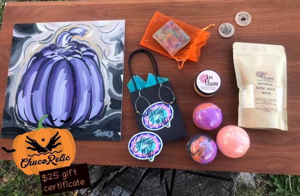 In Bloom bath & body set ($45 value), Hoops On oil slick earrings ($15), $25 Chuco Relic gift certificate, two One Grub Community "Pay it Forward" meal coins ($24 value) and "Purple Pumpkin" original 12x12 painting by Terrance Flores ($125 value)