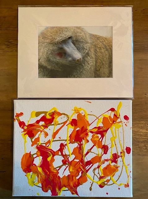 Baboon Painting #1 on Canvas (red/orange and yellow) - 8" x 10" includes photo of the artist, along with their name and birthday