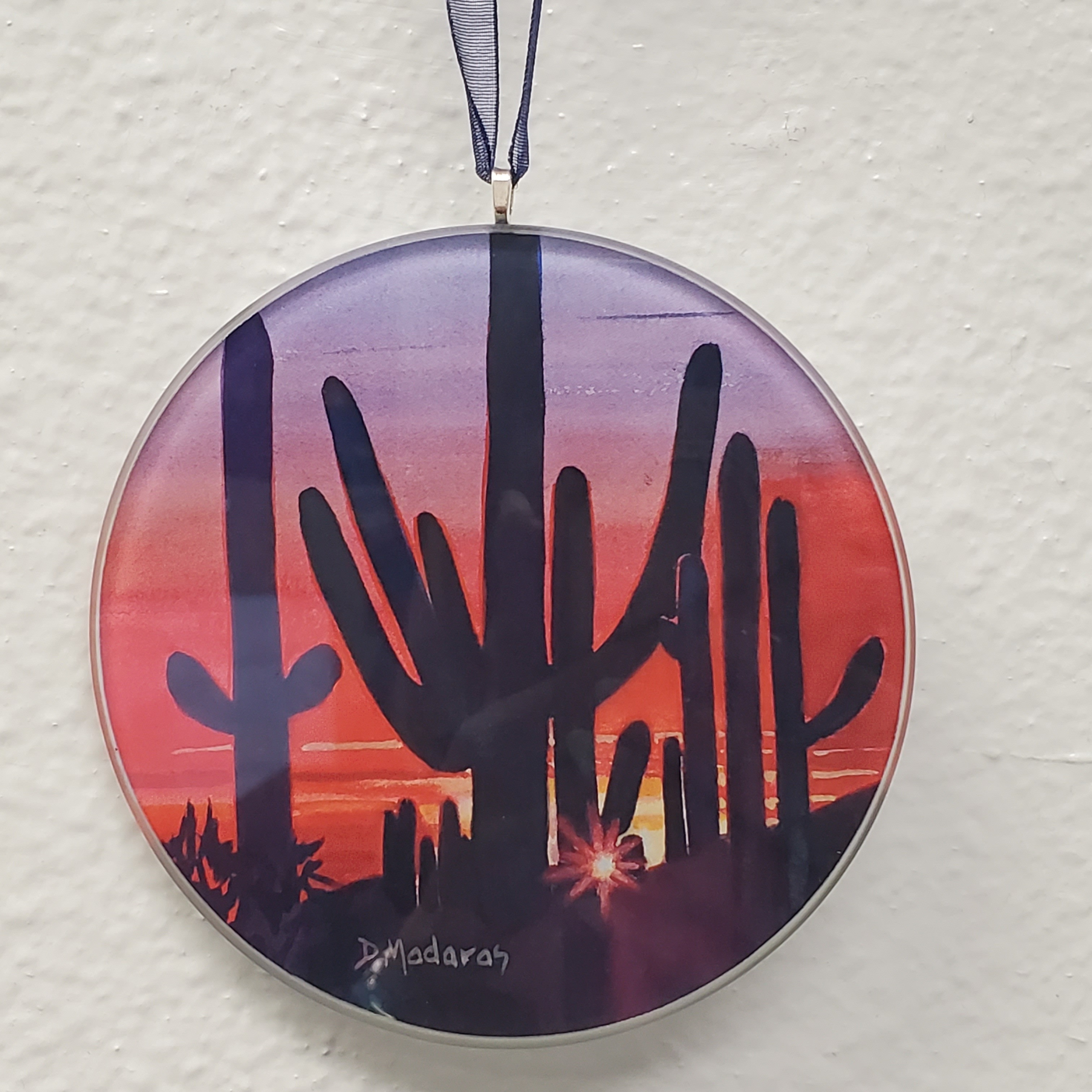 Glass Ornament #1 from Madaras Gallery in Tucson, Az - Cactus red/purple sky - 3" x 4"