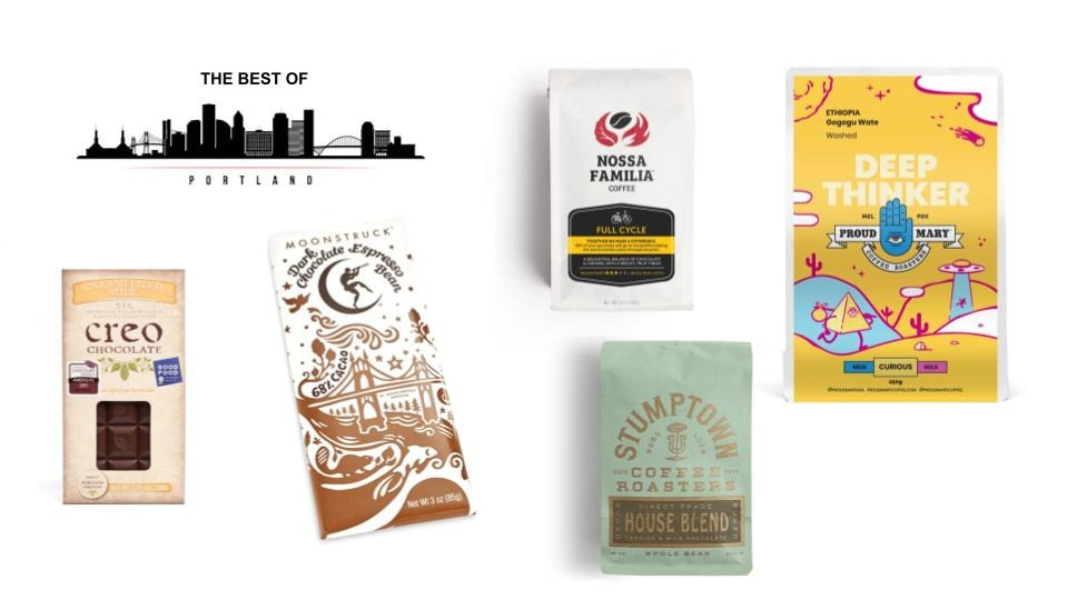Portland's Best - A collection of fine coffee and chocolate from Oregon - Experience the best of Portland! Known for having some of the best coffee and chocolate in the US, Portland produces small batch, locally manufactured products that you will want to order again and again. This sampling will include coffee from Proud Mary, Nossa Familia, and Stumptown as well as chocolate from Moonstruck and Creo.