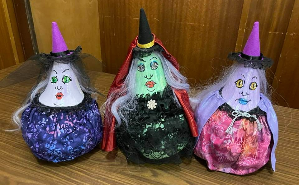 Three witches made from real gourds by Peggy Kirk