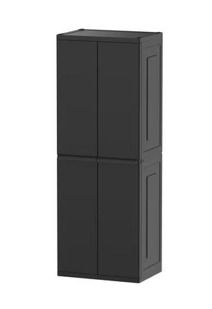 Already built, durable, tool-free black polypropylene storage cabinet. Provides 200 pounds of shelving capacity to easily organize your garage, basement, or utility space.
