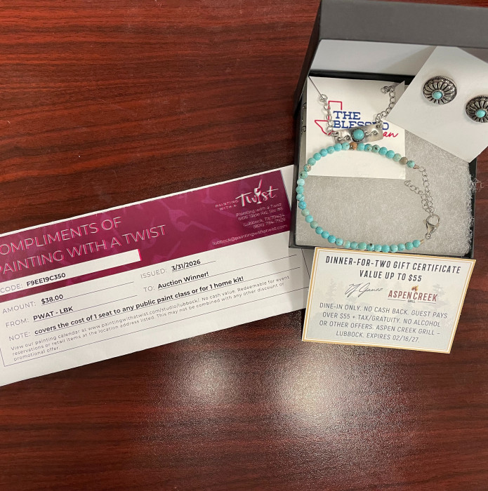 $55 gift card to Aspen Creek, $38 painting with a twist, blessed texan jewelry, 5 gift cards for one free Gandys dairy product