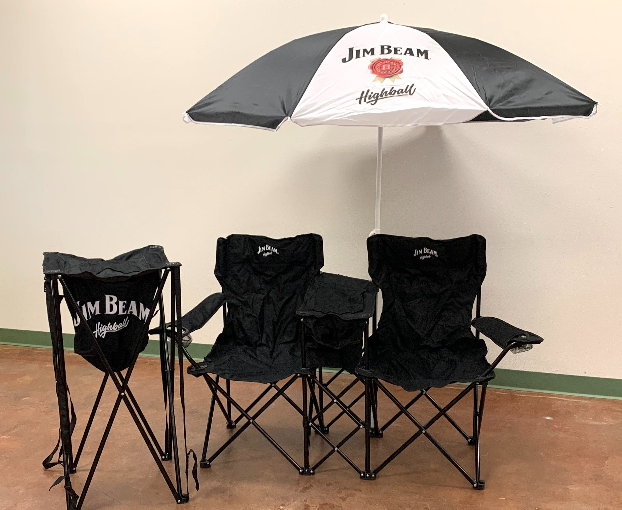 Jim Beam Portable Pop Up Cooler with stand & Jim Beam Double Folding Chairs with Umbrella & Mini Table Beverage Holder